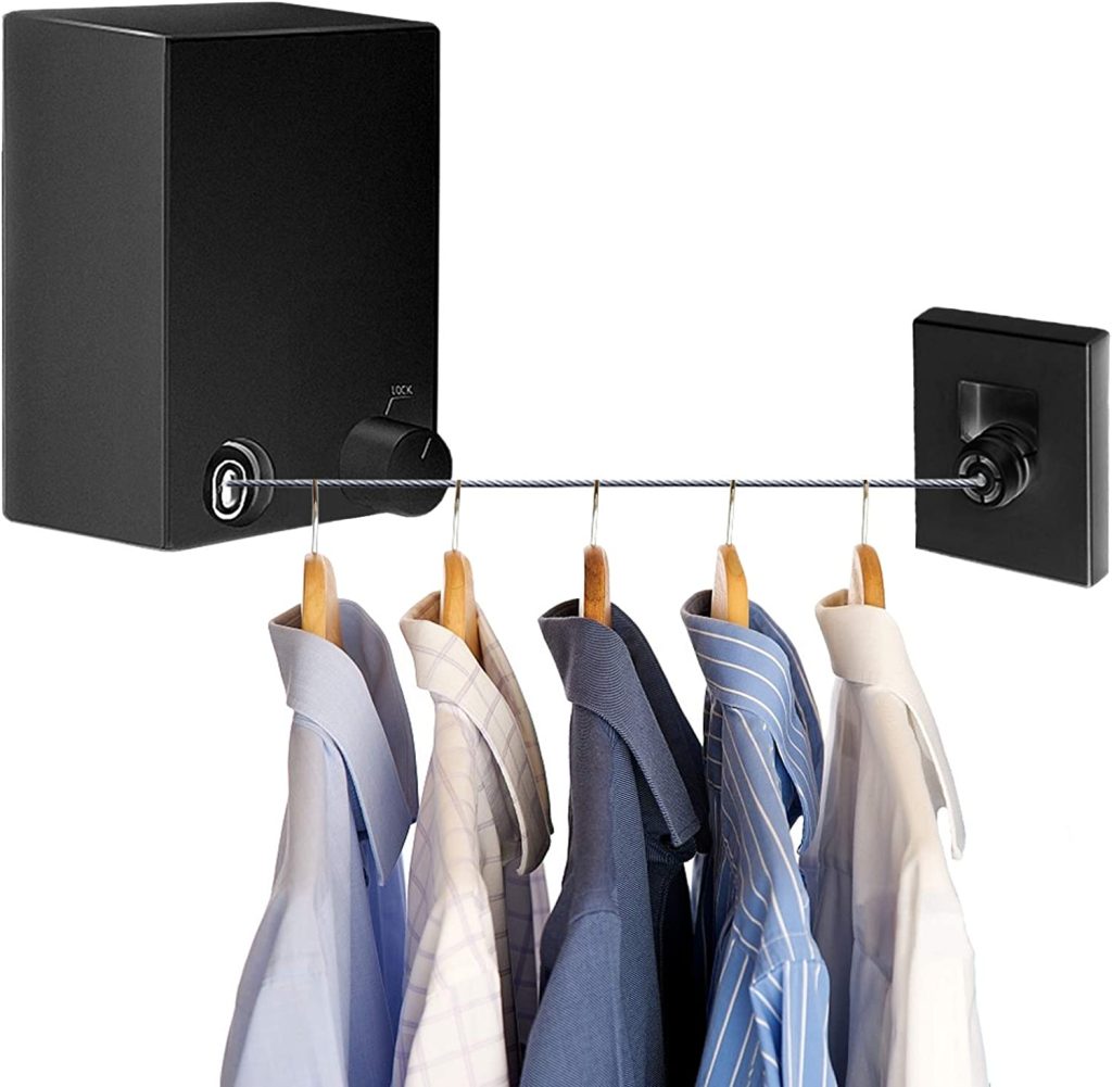 Doppio Stendibiancheria Retrattile Da Parete 4m – Corda Estensibile In Acciaio, Carico Max 15kg, Per Balcone E Bagno (Nero)